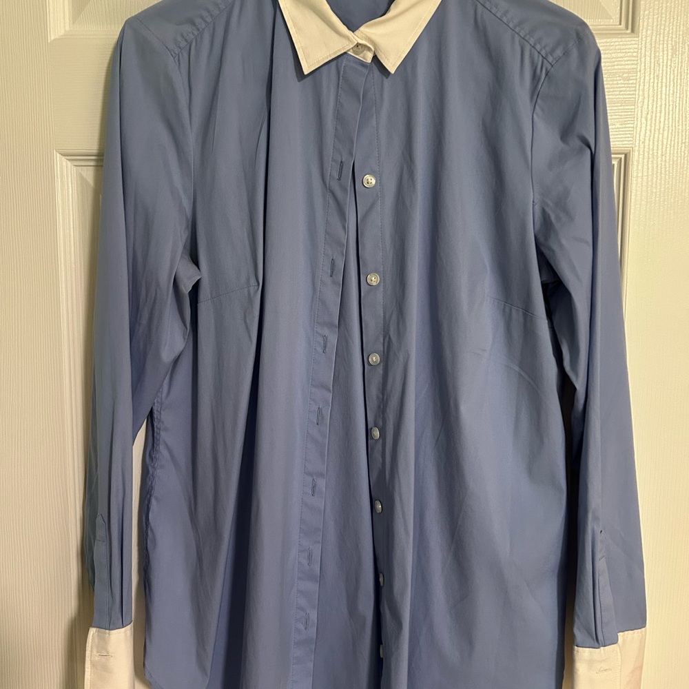Ann Taylor Blue and White Blouse with Classic Silhouette